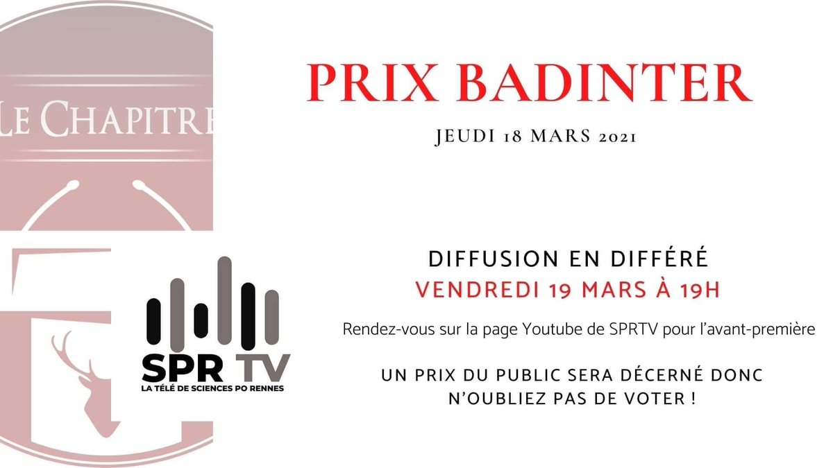 SPRennesTV's tweet photo. Rendez-vous vendredi à 19h pour suivre le Prix Badinter 2021 de Sciences Po Rennes organisé par @Sachapitre  sur notre chaîne Youtube ! On vous attend nombreux ! https://t.co/reHbCZlTIw