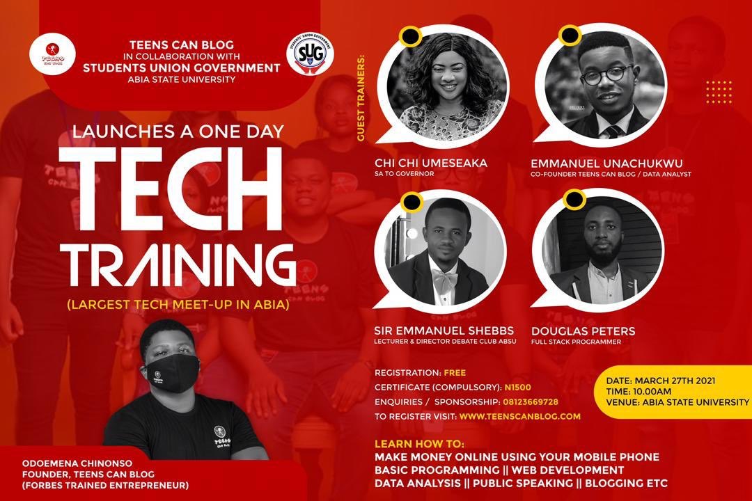 ChidiCIkenna1's tweet photo. Teens Can Blog To Host The Largest Tech Meet-Up In Abia State University!

Teens Can Blog in Collaboration with the Student Union Government, Abia state University, Launches a one day Tech Training [Largest Tech Meet Up In Abia]. https://t.co/X7jIBnF7pN