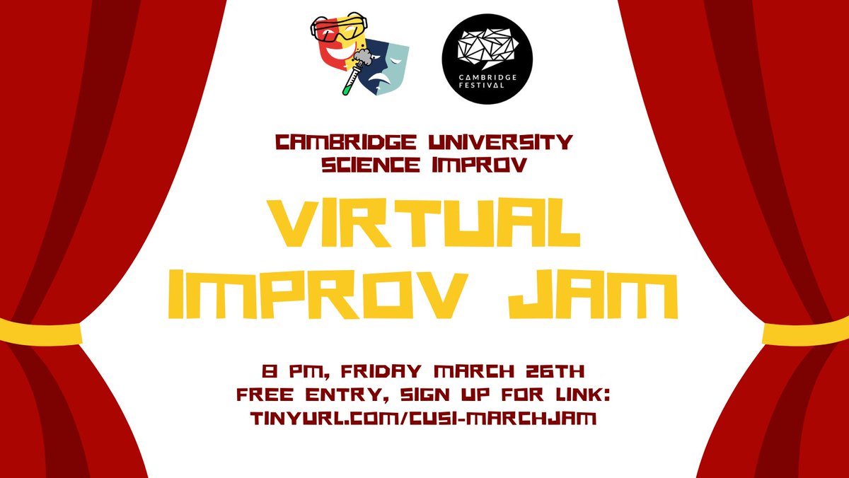 Cambridge University Science Improv (@cuscienceimprov) on Twitter photo Following the success of a sold-out show at the Cambridge Science Festival last year, we are once again bringing our unique blend of science and #improv to the <a href="/Cambridge_Fest/">Cambridge Festival</a>!!
Book your FREE ticket and join us next Friday at 8pm: festival.cam.ac.uk/events/virtual… Following the success of a sold-out show at the Cambridge Science Festival last year, we are once again bringing our unique blend of science and #improv to the <a href="/Cambridge_Fest/">Cambridge Festival</a>!!
Book your FREE ticket and join us next Friday at 8pm: festival.cam.ac.uk/events/virtual…
