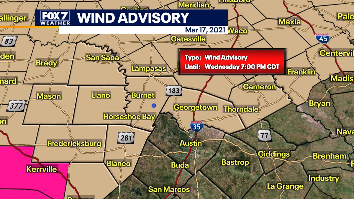 ChelsAndrewsWX's tweet photo. Strong winds are on the way today with many counties under a Wind Advisory through 7 p.m. tonight. 

Gusty winds with low humidity will also mean a high fire danger, especially in the Hill Country. Avoid anything that could start a fire today! #atxwx #txwx https://t.co/loSXK5mFZG