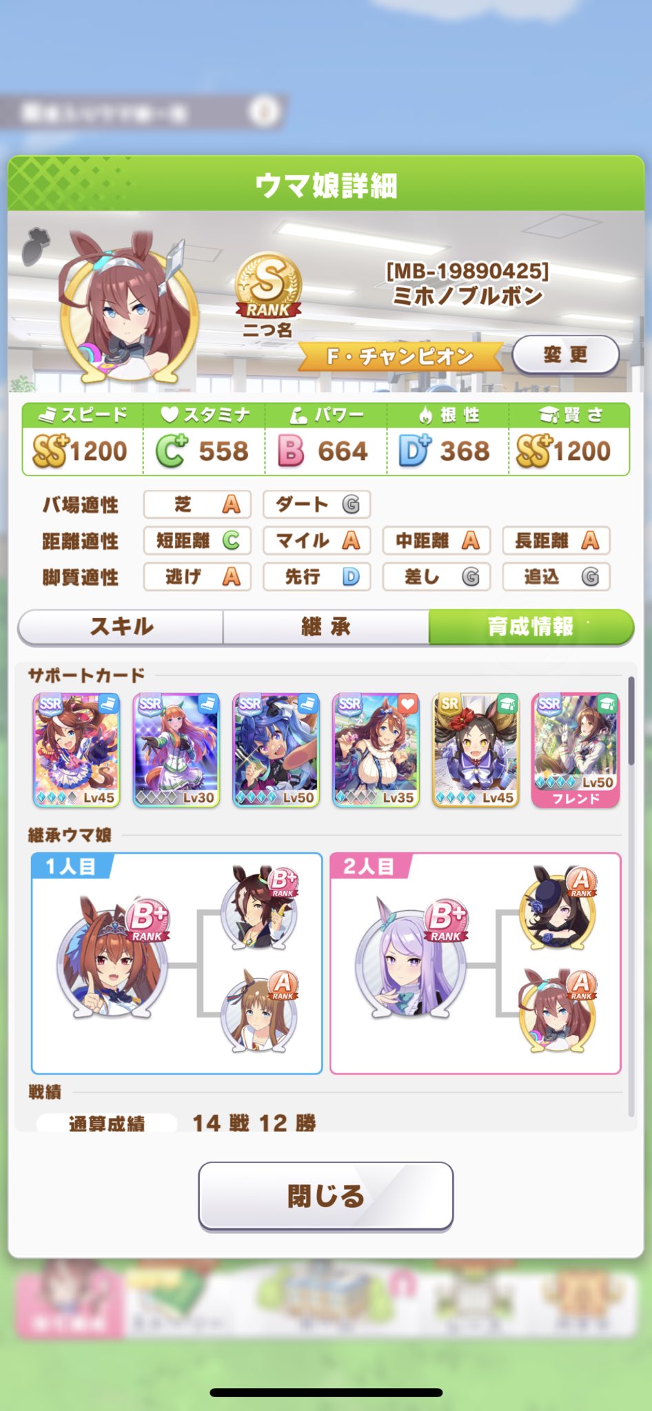 Pxy 丸二日間トライしてようやくミホノブルボンsランクに到達しました この二日間で賢さ育成の回し方 サポートの活用の仕方をめっちゃ学びました 針師無し Ura無しで行けたからスタミナはまだ伸ばせそうな感じがする もっと理想の形でのゴール目指し