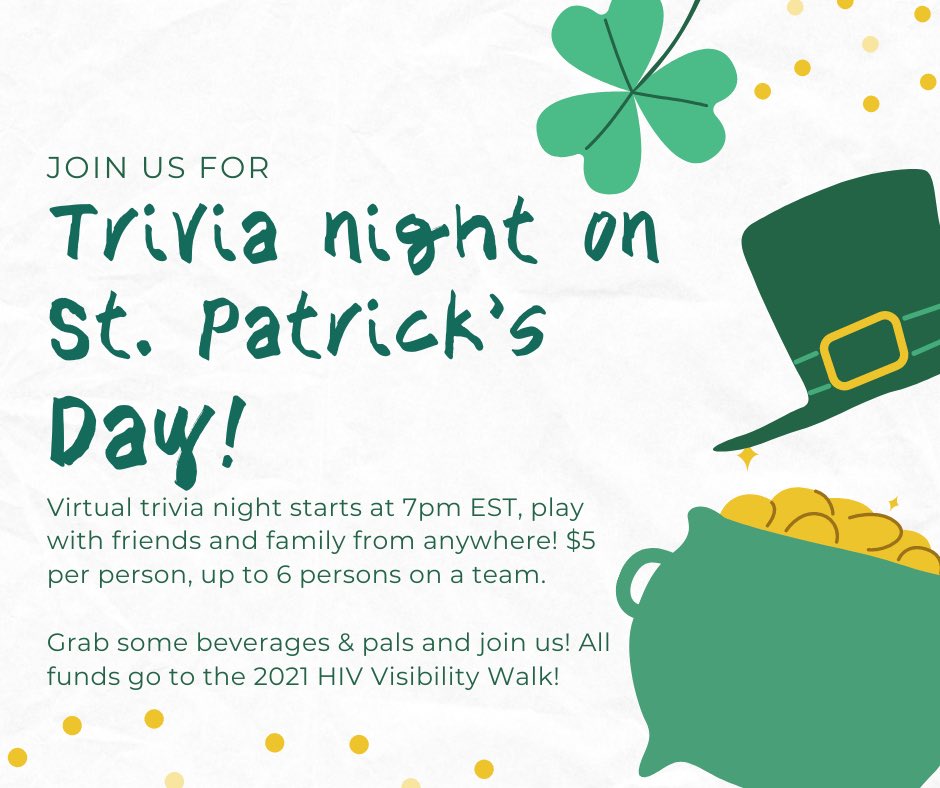 iusphOSDI's tweet photo. Join the IU Heath Community Health for an evening of trivia. Prizes for the top three teams. Once you pay for your registration, you will be sent the zoom link for the evening via email. All proceeds go to the 2021 Beyond the Diagnosis: HIV Visibility Walk &amp; Festival! https://t.co/lkietzi0BN
