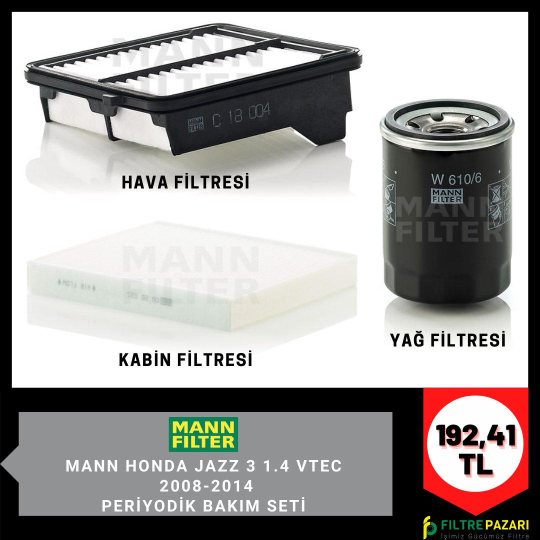 KAMPANYA!!!!
MANN HONDA JAZZ 3 1.4 VTEC 2008-2014 PERİYODİK BAKIM SETİ
Paket İçindekiler:
-Hava Filtresi
-Yağ Filtresi
-Kabin Filtresi 
FİYAT: 192,41 TL
#filtrepazar #filtrepazarı #filtre #başakfiltre #istanbul #bakımset #ankara #kabinfiltresi #yagfiltresi #havafiltresi #Mann