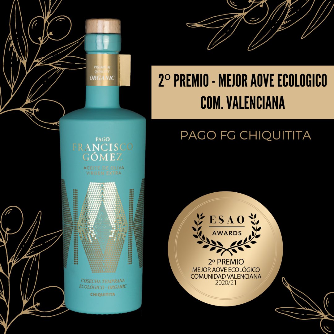 Los premios anuales de <a href="/ESAO_Spain/">Escuela Superior del Aceite de Oliva</a>, acreditando la calidad de los mejores aceites están ya están disponibles. 
Así que... 

📍 PAGO FG CHIQUITITA
🥈2º Premio - MEJOR ACEITE DE OLIVA ECOLOGICO DE LA COMUNIDAD VALENCIANA 🥳
 
Consíguelo en bodegasfranciscogomez.es