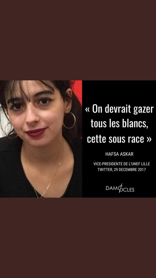 jaquieja's tweet photo. @fxbellamy L'EX ADJOINTE DE L'UNEF ESTIME QU'IL FAUT GAZER TOUS LES BLANCS CETTE "SOUS RACE,  ALORS DARMANIN ? QUAND LES IDENTITAIRES ONT T'ILS PRONONCÉ DE TELLES PAROLES À L'ENCONTRE DE QUICONQUE ????? @GDarmanin C'EST POUR QUAND LA DISSOLUTION DE L'UNEF ???? https://t.co/zVasqwpwXd