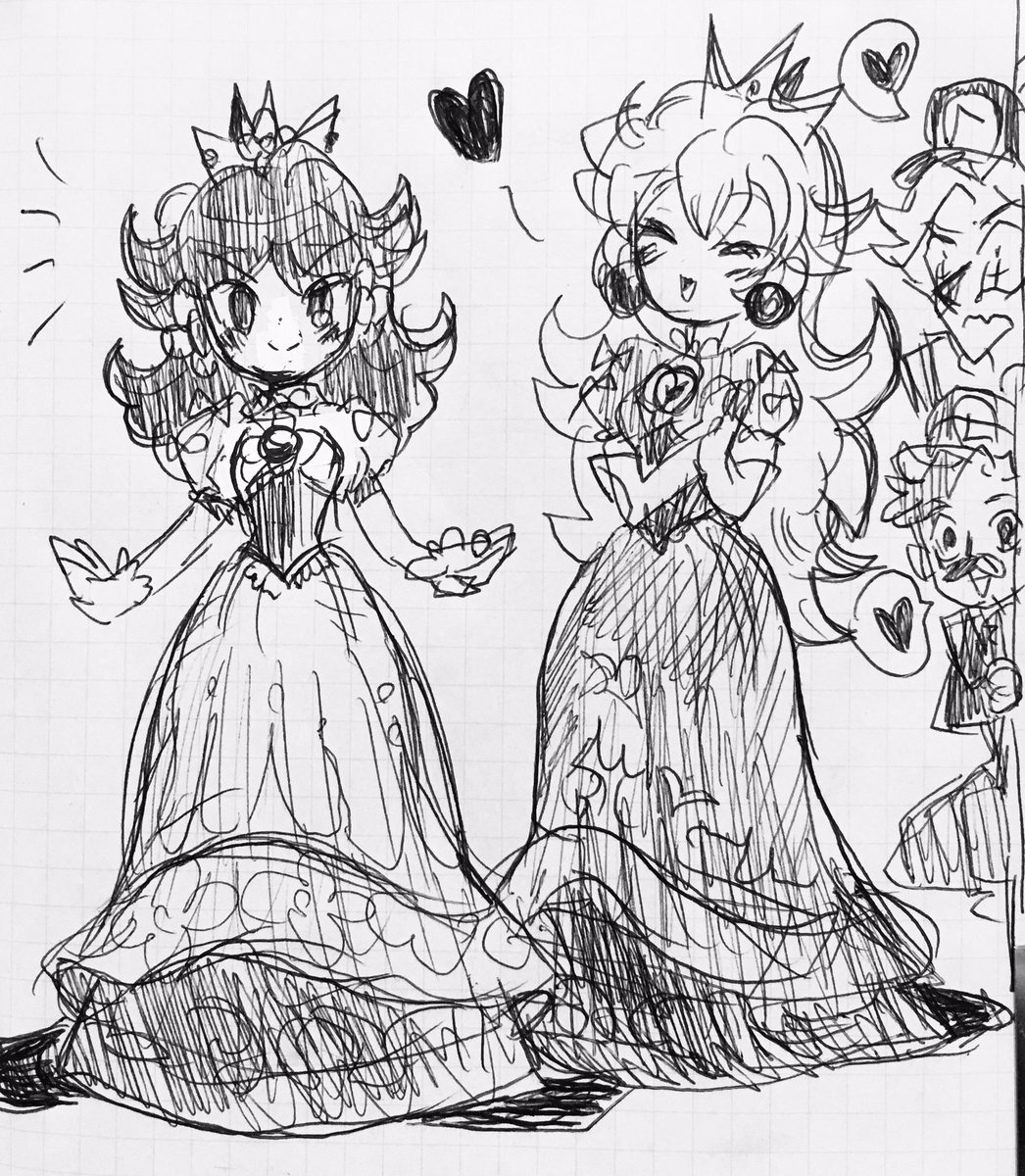 #らくがき #デイジー姫 #ピーチ姫 #ワルイージ #ルイージ #supermario   ゲームキューブ版のスマブラ衣装のデイジーverを着せて貰いご満悦な姫とワルルイ。 