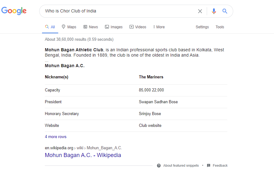 Trolls_IF's tweet photo. Open https://t.co/dX24Q5ICdS
Type "Who is Chor Club of India"
Google Result: Mohun Bagan A.C.

Don't believe me? Try yourselves and see 🤣😅

ঁMohunBagan fans - Time to trend #BoycottGoogle?

Houk POTTYbad,
Nitta-notun POTTYbad

#IndianFootballTrolls #IndianFootball #MohunBagan https://t.co/dKbWK9iR1w