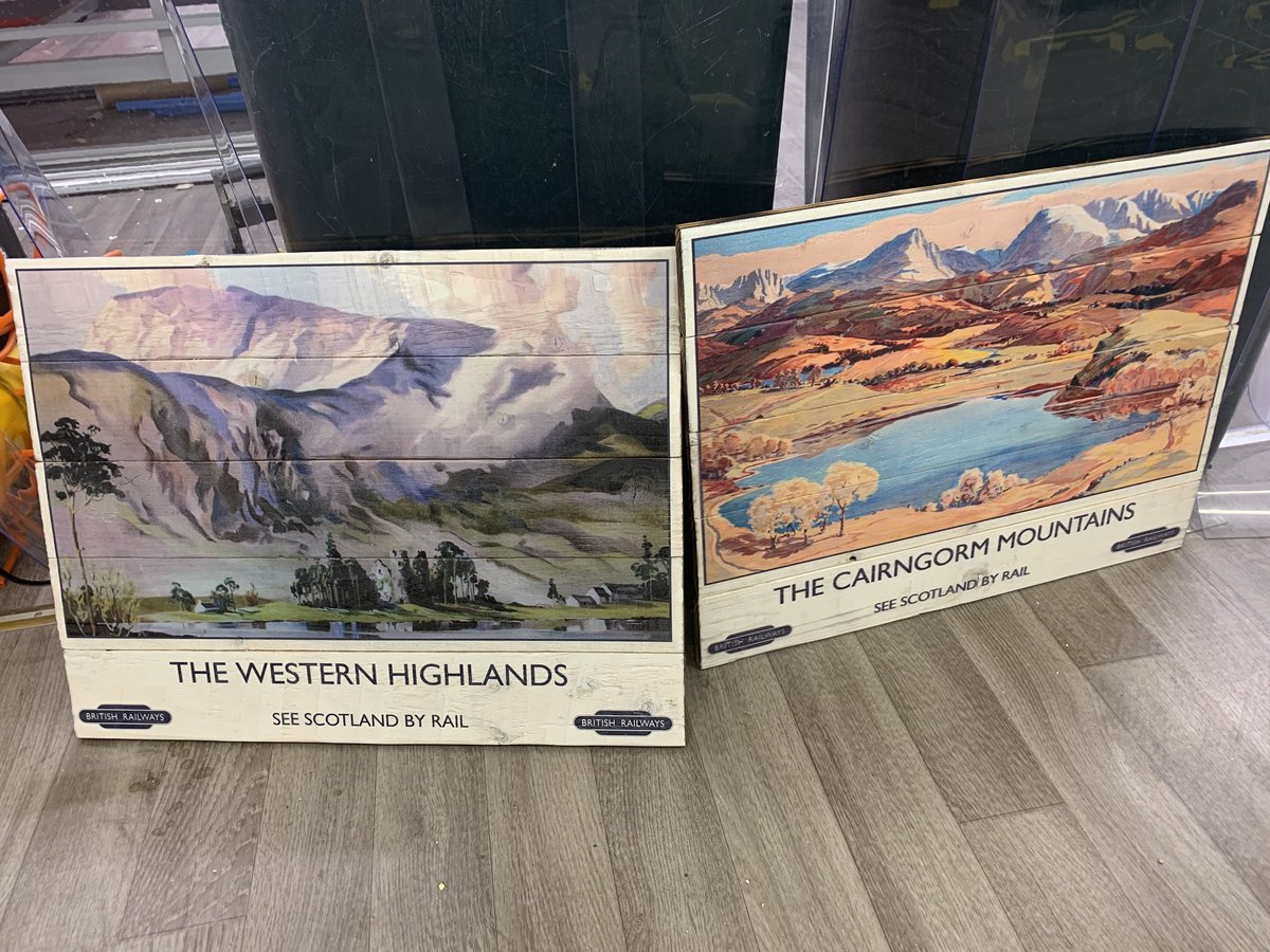 blueraptorsigns's tweet photo. Been itching to try this for ages. Take some old pallet wood, smooth it down and put it on the flatbed. Tried recreating these classic British Railways posters and lovin the effect. Also tried a nice picture of the Cairngorms on MDF with gloss lacquer and distressed edges https://t.co/hwEWAR5SqT