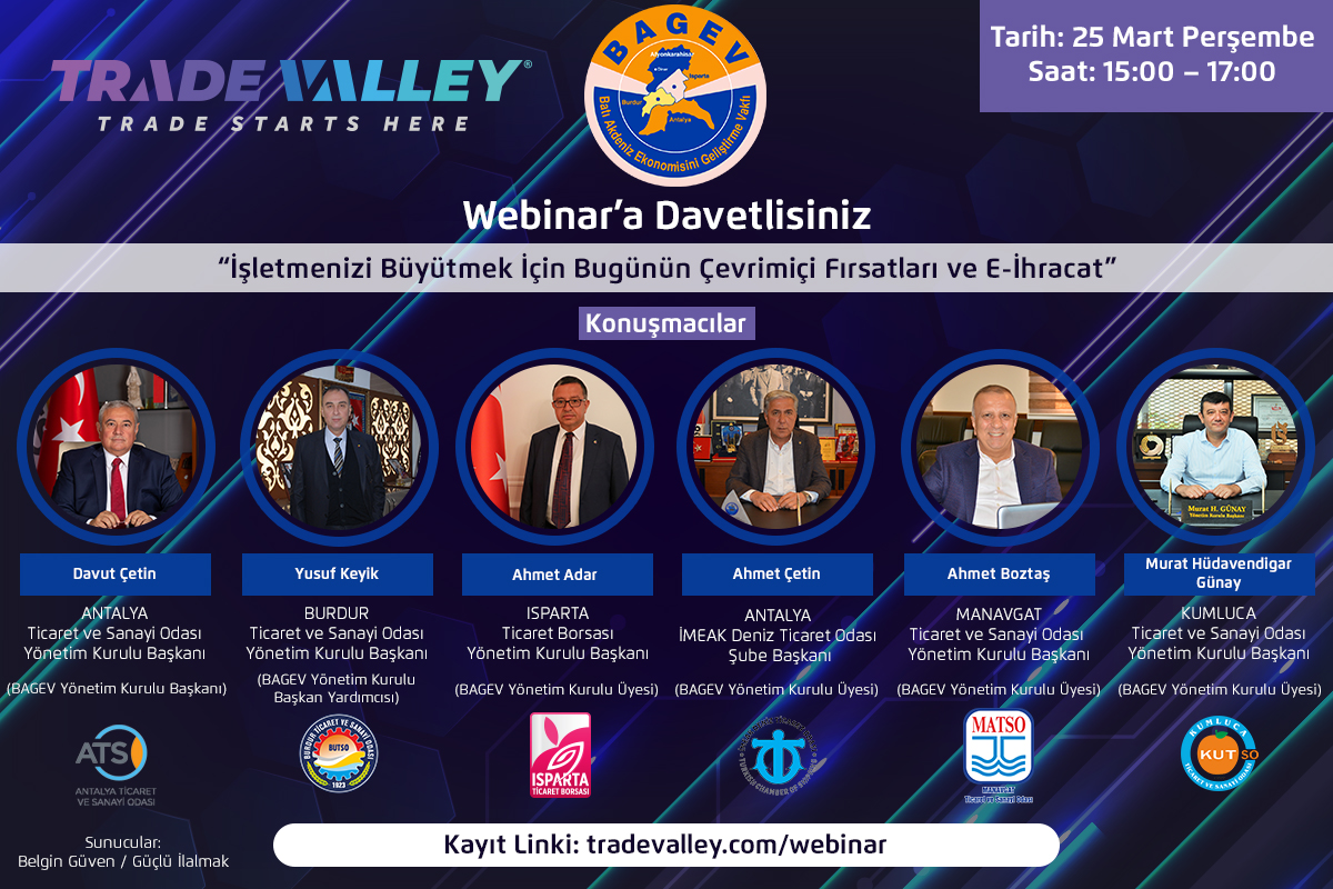 "İşletmenizi Büyütmek İçin Bugünün Çevrimiçi Fırsatları ve E-İhracat Webinarı"mızın konuşmacıları; Vakfımızın değerli Yönetim Kurulu <a href="/DavutCetin/">Davut Çetin</a> <a href="/YusufKeyik/">Yusuf Keyik</a> Ahmet Adar, <a href="/Ahmetcetin0707/">Ahmet Çetin</a> <a href="/ahboztas/">Ahmet Boztaş</a> ve <a href="/mhgunay07/">Murat Hüdavendigar GÜNAY</a> olacak.

Konuya ilgi duyan herkes davetlimiz...
tradevalley.com/webinar/