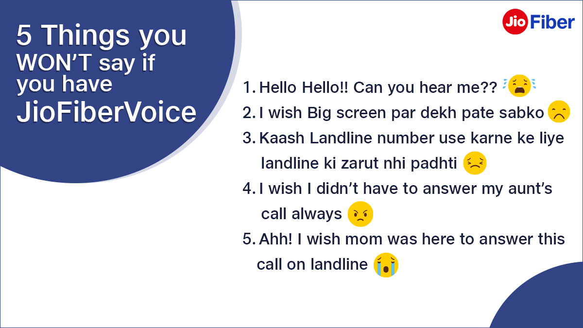 5 Things you are missing without JioFiberVoice at your home. Go JioCalling!!

#JioFiberVoice #JioFiber #JioDigitalLife #JioTogether #Memes #FiberConnection #FixedLineNumber #JioCall #JioJoin #ParallelRinging #TVCalling #tvvideocalling