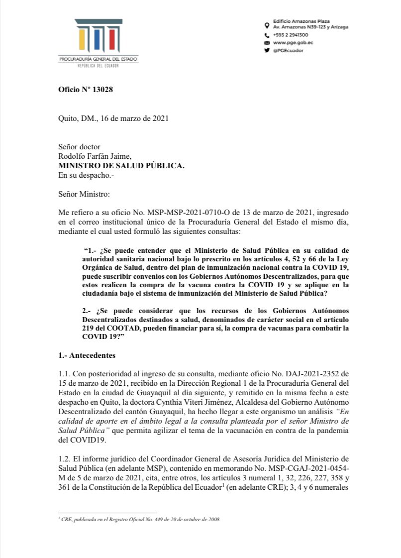 dayannamonroy's tweet photo. ▶️ IMPORTANTE

Procuraduría sostiene q “el MSP y los GAD están legalmente facultados para celebrar convenios q tengan por objeto permitir la adquisición de vacunas contra COVID.GAD podrán financiar la adquisición cumpliendo la obtención del permiso de importación” @teleamazonasec https://t.co/3PWy09jkXu