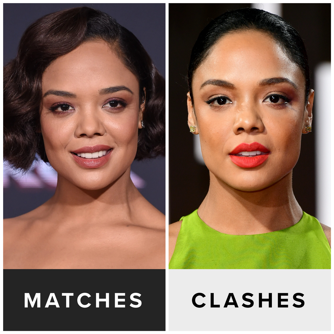 Tessa Thompson looks stunning in soft, cool tones. On the other hand, the brighter lip and dress overpower her and even yellow her skin and come off almost clownish with her soft natural coloring. She looks best in soft, neutral to cool colors, like mauve, dusty rose, and jade gr