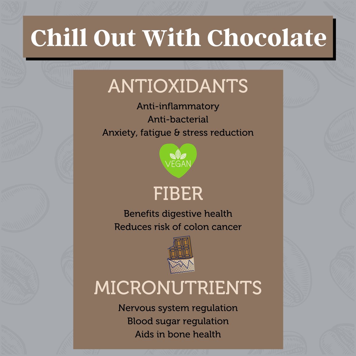 Feeling a bit stressed right now? Nothing a little chocolate can't help! Cacao has many antioxidants & anti-inflammatory properties that help reduce damage to our cells, as well as our risk for heart disease, cancer & depression. Flavanol reduces stress, anxiety & fatigue.