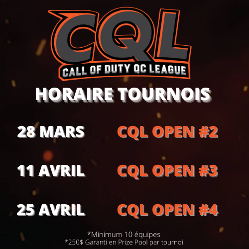 CodQcLeague's tweet photo. 🟠Grosse nouvelle pour vous ce soir🟠

Nous annonçons nos trois prochains tournois !! Ceux-ci auront donc lieu aux deux semaines à partir du dimanche 28 mars.

Parlant du 28 mars, les inscriptions pour ce tournoi sortiront demain soir ici même 🏆

Parlez-en à vos coéquipiers!👊 https://t.co/2tTIciPCWn