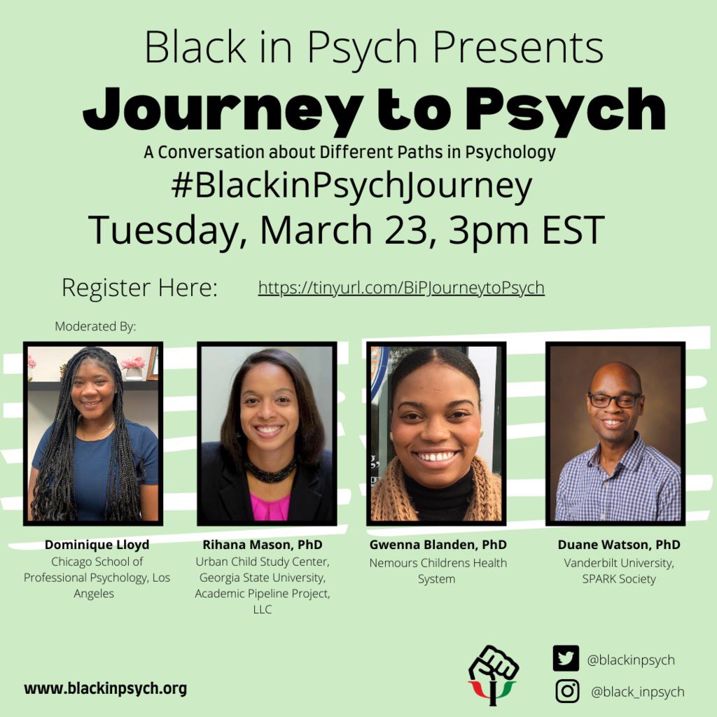 BlackinPsych's tweet photo. 1 of 2 amazing panels for #BlackinPsychWeek 

ALT Text (1/2):
Black in Psych Presents

Journey to Psychology: A conversation about different paths in psychology
#BlackinPsychJourney 

Tuesday, March 23rd, 3pm EST

Register here: https://t.co/Wcn31dkU8Q https://t.co/ctDxWKXyWq