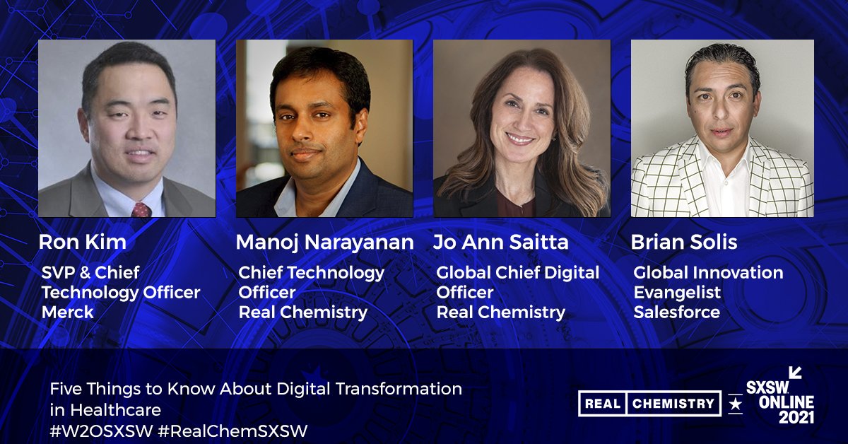 RealChemistry_'s tweet photo. Thanks for sharing your expertise on the digital transformation of #healthcare: our client, Ron Kim (@Merck), @briansolis (@salesforce), and Real Chemistry's @j_saitta &amp; @manoj7698. #RealChemSXSW #W2OSXSW https://t.co/X9GGSlRTaQ