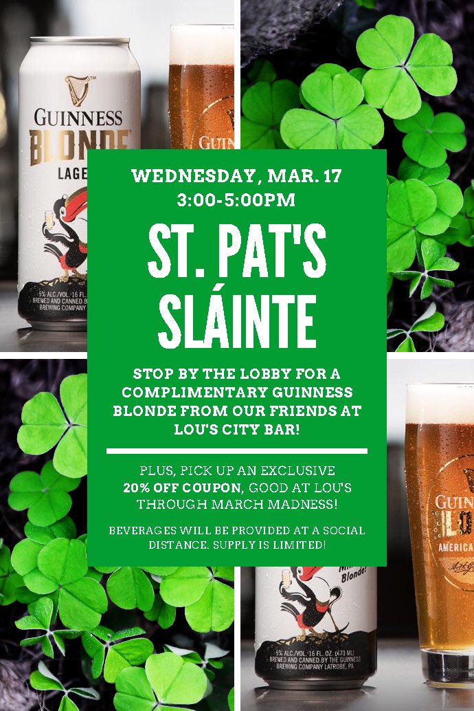 Happy #StPatricksDay! Residents are invited to stop by the lobby from 3-5pm for a complimentary #Guinness Blonde from our friends at <a href="/LousCityBar/">Lou's City Bar</a>! Plus, pick up a 20% OFF Lou’s coupon good thru #MarchMadness. Supplies are limited &amp; will be provided at a social distance. #Slàinte!