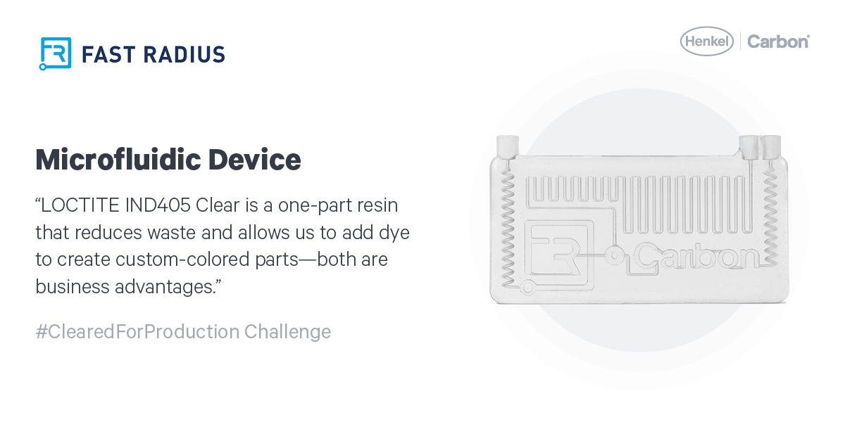 Carbon's tweet photo. #ClearedForProduction @fastradius Edition
Part: Microfluidic Device
Feature: 1.5-mm channels capable of routing fluid.
Benefits: Fast print times, quick iterations, high resolution, and dimensional accuracy
Learn about @Henkel's LOCTITE® IND405 Clear: https://t.co/ftFXyWy9i3 https://t.co/Il1YXNyIMs