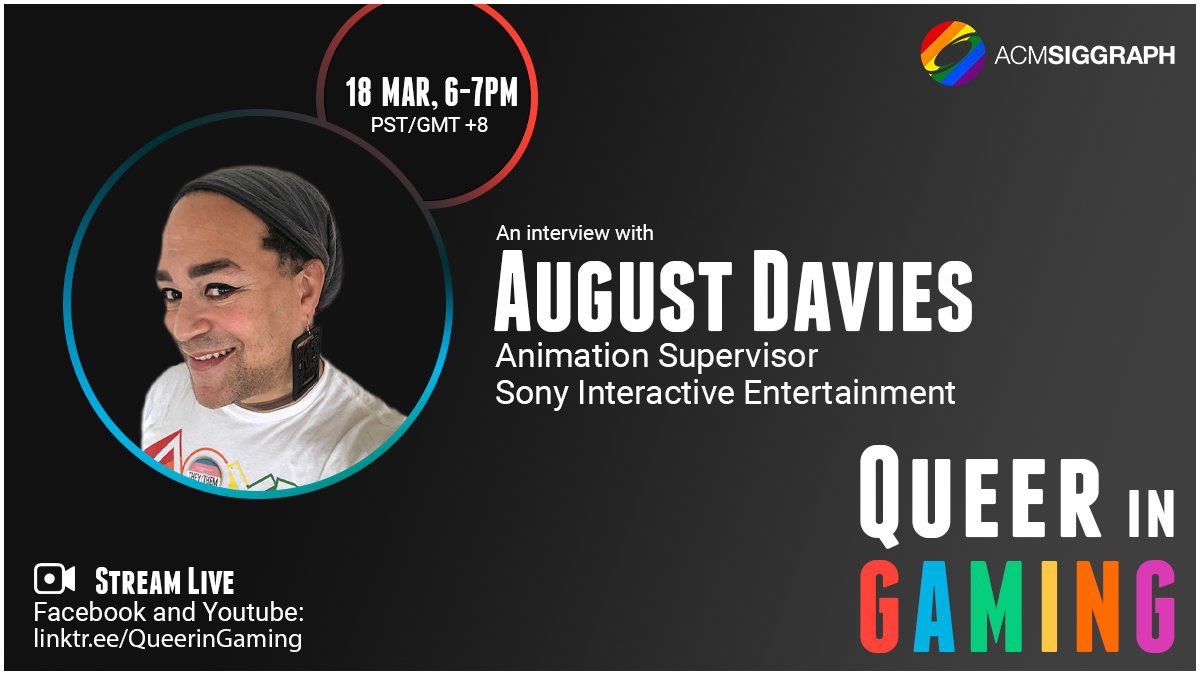 siggraphsv's tweet photo. TOMORROW at 8pm CT: Join ACM SIGGRAPH’s #QueerInGaming live stream interview series with @Sony’s @AugustAlondra hosted by @SIGGRAPH’s DE&amp;I Committee’s @GameDevShay to promote visibility &amp; representation. RSVP: https://t.co/HCABWj3g8Q 
#LGBTQIA+  #SIGGRAPH2021 https://t.co/vPGkC5pZTM