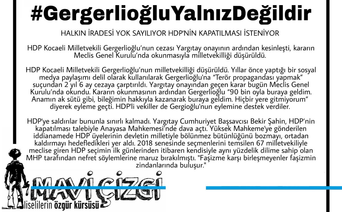 "Faşizme karşı birleşmeyenler faşizmin zindanlarında buluşur."
#GergerlioğluYalnızDeğildir <a href="/gergerliogluof/">Ömer Faruk Gergerlioğlu</a>
