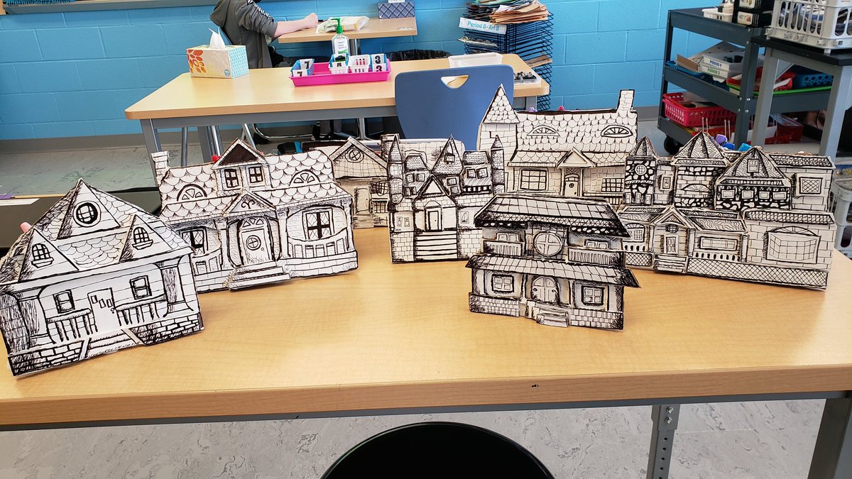 MrsSchindlerART's tweet photo. SMS Art 8 Students studying Victorian Era Architecture, Surface details and pen &amp; ink shading techniques...color comes next!  Awesome job 8th graders!!! #SMSART , #middleschoolart https://t.co/ErrlywF7bw