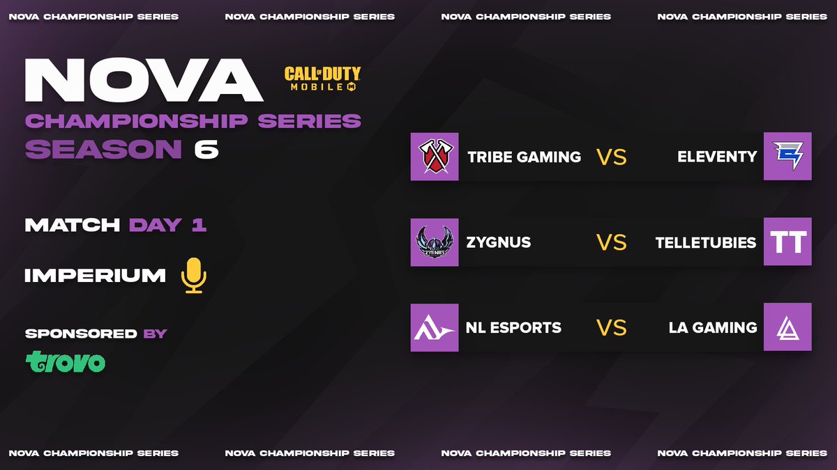 NovaEsportsTeam's tweet photo. We are introducing Nova Championship Series 6 !

8 veteran Call of Duty Mobile Teams from Americas are clashing to win the 6 days-series starting from today!

Casted by @EvT_ImPERium and sponsored by @trovolive 

🖥 https://t.co/ZNbrISoUDG 
🕘 7PM EST
📈 https://t.co/wVQZyCPqNY https://t.co/8cS9Ungh33