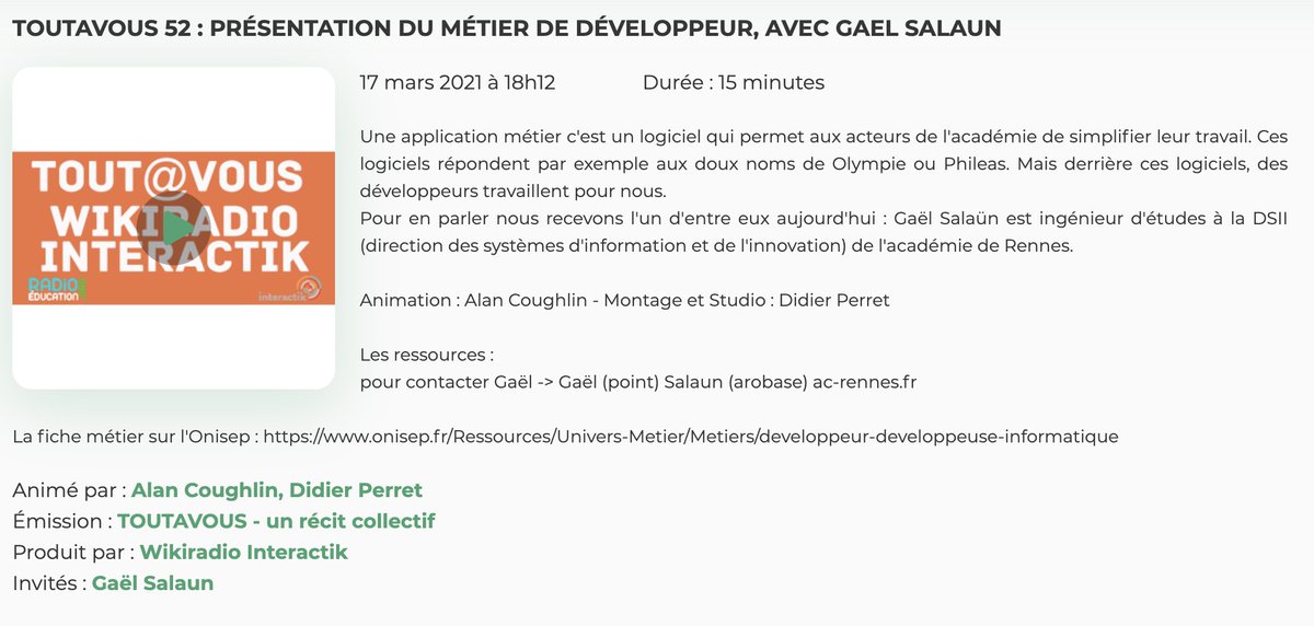 Le Toutavous 52 est en ligne. Gaël Salaun nous présente son métier de développeur au sein de la DSII : où le contact humain est tout aussi important que la technique. Avec @CoughlinAlan  radioeducation.saooti.org/main/pub/podca…