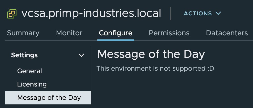 lamw's tweet photo. FYI - vCenter Server “Message of the Data” (MOTD) feature was something I used quite extensively when I was a customer to easily communicate upcoming patch windows/updates/news to internal consumers. 

Still works in the #h5client but not sure how many were aware of this feature https://t.co/JGiqgHqqAx