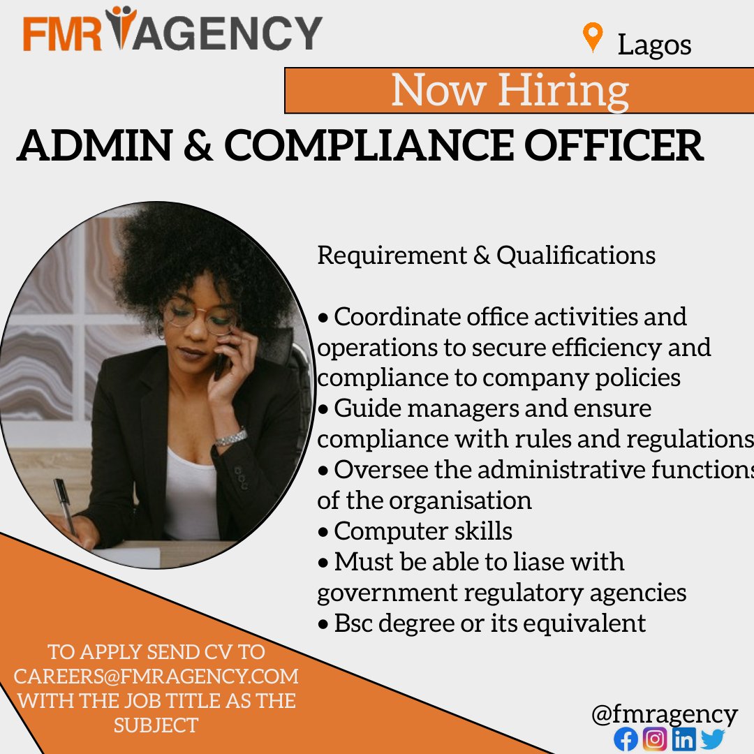 FMR AGENCY على X: &ldquo;Position: Admin &amp; compliance officer Location 