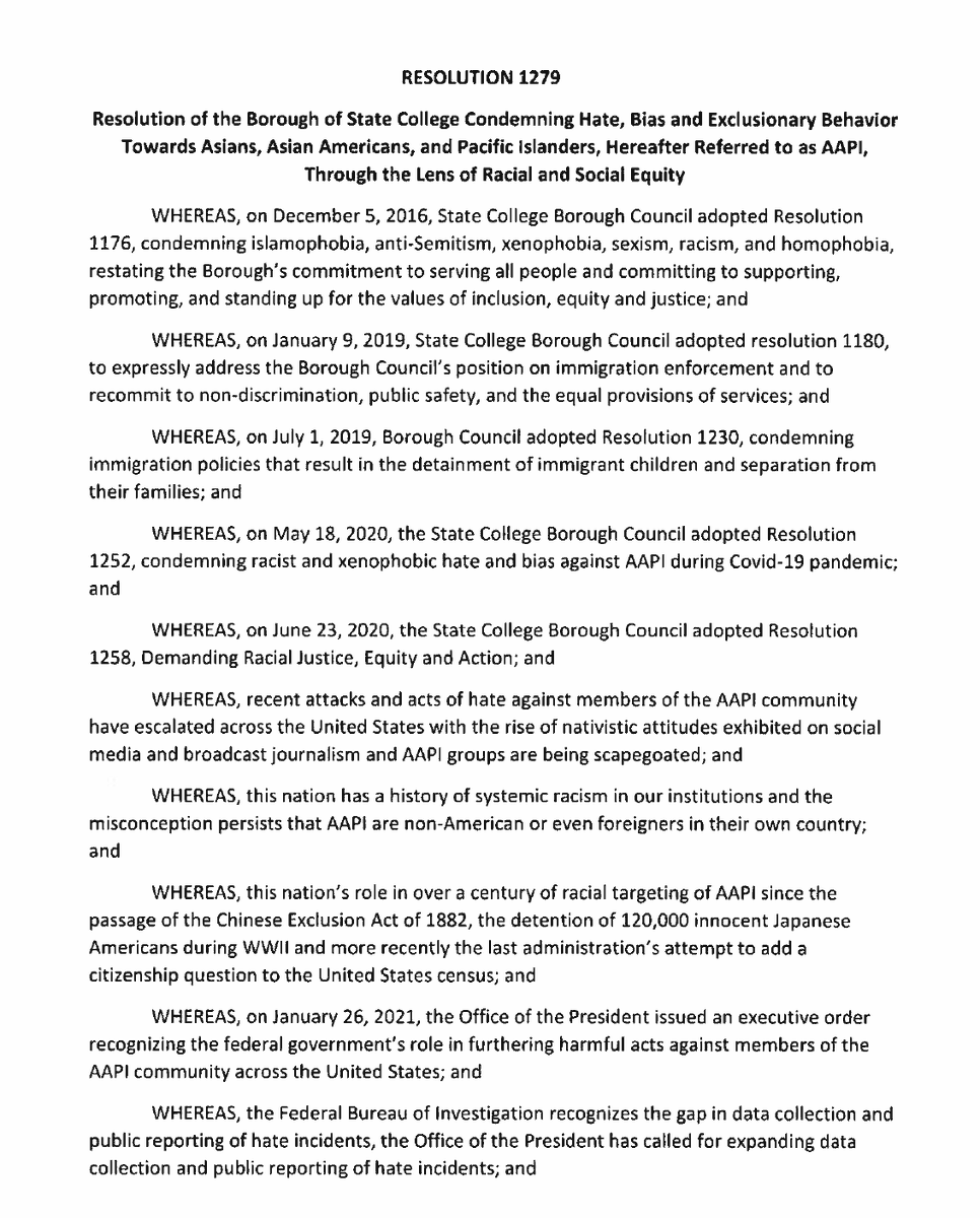 State_CollegePA's tweet photo. On Monday, Council passed Resolution 1279., it states that our community condemns all hate/bias/exclusionary behavior towards Asians, Asian Americans, &amp; Pacific Islanders.  State College is a welcoming, safe, livable, &amp; vibrant community for all. https://t.co/CeWQQTweoX https://t.co/5hmp4073aY