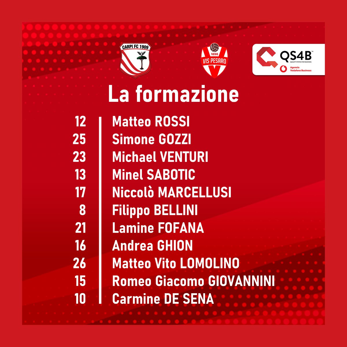 ac_carpi's tweet image. 📋 CARPI-VIS PESARO, LA FORMAZIONE SCELTA DA MISTER POCHESCI
.
Formazioni iniziali e live match 👉 
carpifc.com/.../carpi-fc-1…
.
⚪️🔴
#ForzaCarpi #CarpiFc1909 #FieriDeiNostriColori #Gameday #Modena90 #ElevenSport #CAPVPS #vodafonebusiness #telefonia #digitalizzazione #partnership 🇲🇨