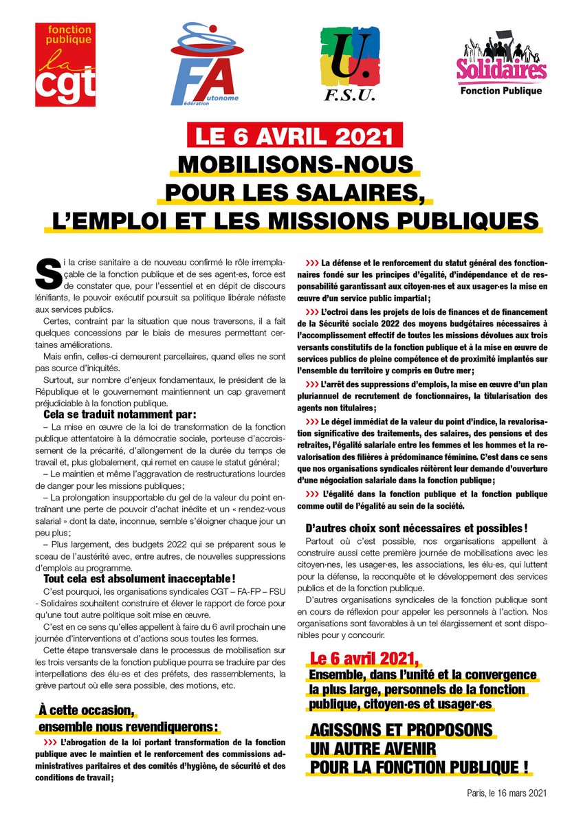 FederationAuto's tweet photo. Le #6avril2021 avec la @FederationAuto , la CGT, la FSU et Solidaires mobilisez-vous pour les salaires, l'emploi et les missions publiques.
Agissons et proposons un autre avenir pour la #Fonctionpublique https://t.co/x5iv50Tas1