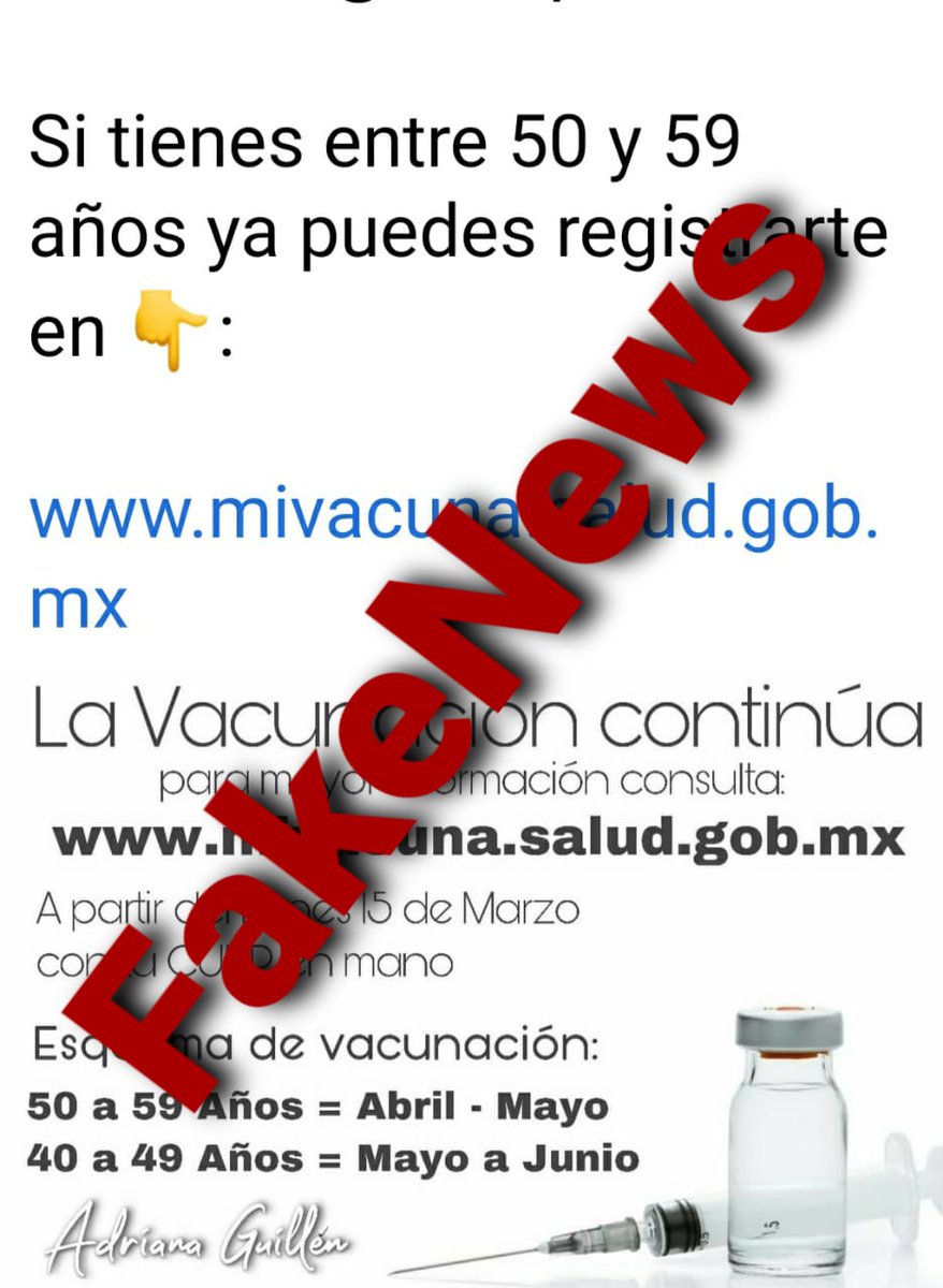 Circula en redes sociales pero es falso. La #EstrategiaNacionalDeSalud solo registra en este momento personas mayores de 60 años para vacuna Covid. No caigamos en engaños. #FakeNews .