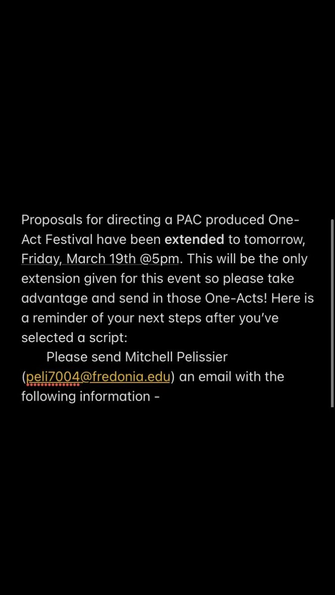 FredoniaPAC's tweet photo. Get your PAC One Act submissions in ASAP before our extended deadline this Friday, March 19th! https://t.co/jj5tY6t1r1