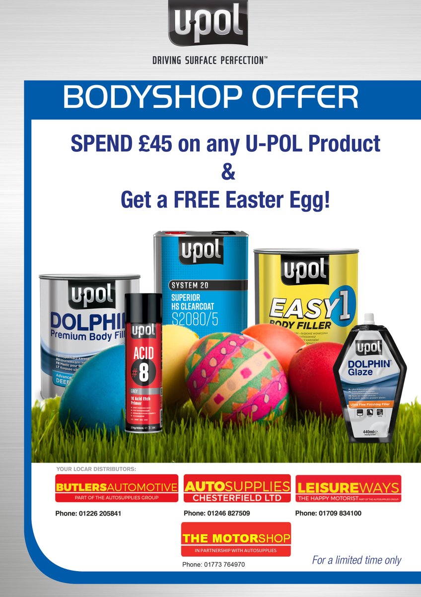 ButlersAuto's tweet image. Look 👀 at this great offer! Get a FREE Easter Egg with every £45 spent on U-POL products!