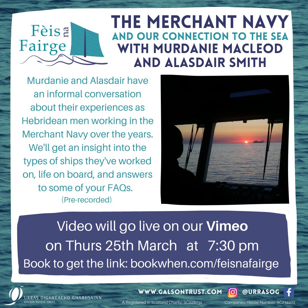 UrrasOG's tweet photo. Then at 7:30pm on Thur 25 March,we'll show a pre-recorded conversation between Murdanie Macleod &amp; Alasdair Smith,where they'll discuss their experiences working in the Merchant Navy in their respective generations.
https://t.co/jLtYgmEzzQ
#fèisnafairge #urrasog #visitgalsonestate https://t.co/cbpidxemLW