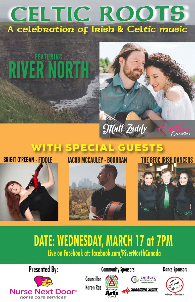 Today, 7pm on https://t.co/SHdgHHB09X, Excited to be the Title Sponsor, fifth year in a row,  of Celtic Roots with #Mississauga own @mattzaddy and @HeatherBriss   @MissArtsCouncil #St.Patrick'sday 2021 #Mississauga #homecare #seniorcare #NNDcommunity https://t.co/MvrFpPslzM