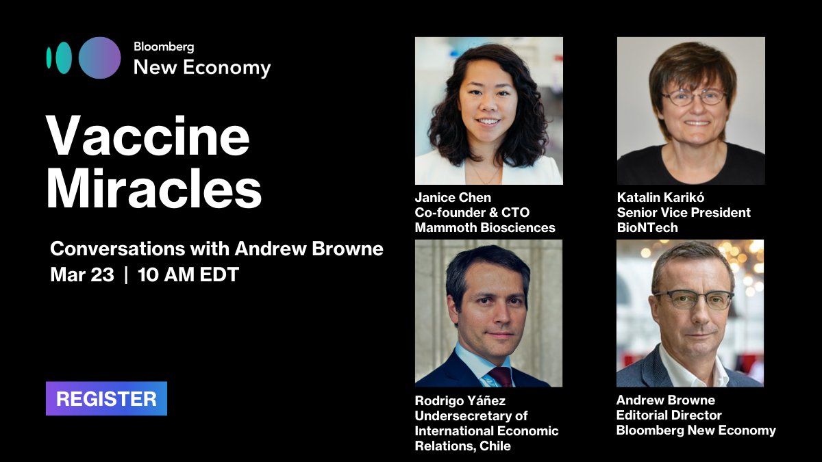 BBGNewEconomy's tweet image. What lessons can be learned from the Covid vaccine breakthrough? Will the win incentivize #bigpharma to produce more affordable medicines for all? Join us for a discussion with leaders of @mammothbiosci, @BioNTech_Group, and @Minrel_Chile. trib.al/sSxMRDK