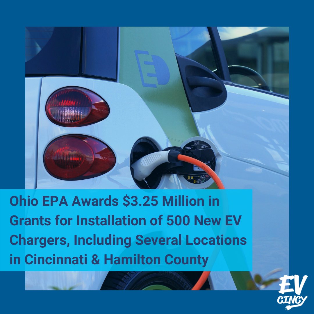 Exciting news: <a href="/OhioEPA/">Ohio EPA</a> recently awarded $3.25mil in grants for the installation of over 500 public Level 2 EV chargers across Ohio! City of Cincinnati is among the grantees, winning $22,500 to install 4 charging ports at Lunken Airport. #EVCincyAmbassador