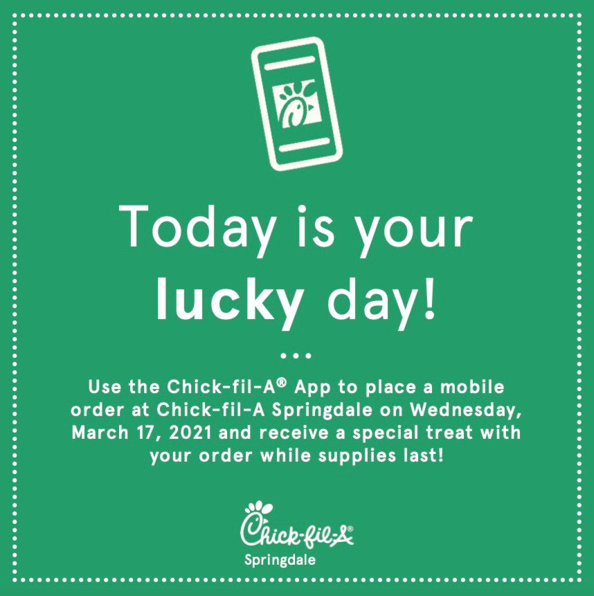 cfaspringdale's tweet photo. Happy St. Patrick’s Day, friends 🍀 A wee little leprechaun let us know that you may want to use your app to place a mobile order today! 💚📱🇮🇪
#midweekmemo #stpatricksday #Irishyouwouldeatmorechicken https://t.co/9Y4bFCgPWi