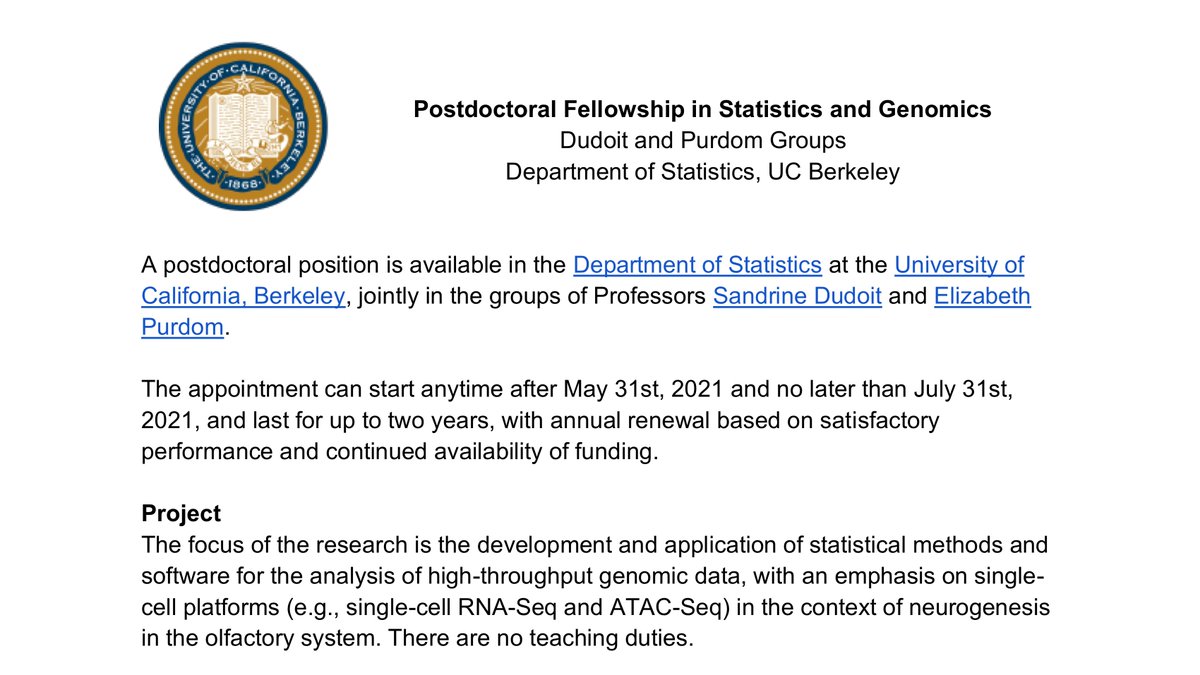 Koen Van den Berge (@koenvdberge_be) on Twitter photo Open post-doc position at <a href="/UCBStatistics/">Berkeley Statistics</a>, in the groups of <a href="/cendrinou/">Sandrine Dudoit</a> and Elizabeth Purdom, on the development of statistical methods and software for single-cell sequencing data. Very highly recommended; these are some of the best mentors you can get!
stat.berkeley.edu/users/sandrine… Open post-doc position at <a href="/UCBStatistics/">Berkeley Statistics</a>, in the groups of <a href="/cendrinou/">Sandrine Dudoit</a> and Elizabeth Purdom, on the development of statistical methods and software for single-cell sequencing data. Very highly recommended; these are some of the best mentors you can get!
stat.berkeley.edu/users/sandrine…