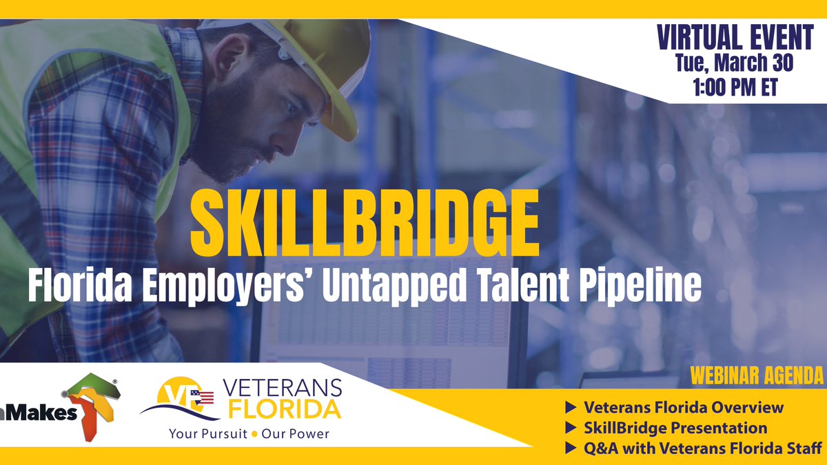 FloridaMakes's tweet photo. Need more skilled talent to support your business? Join us at our webinar to learn how @VetsFL can help you tap into the veteran talent pipeline by recruiting SkillBridge participants & develop DoD approved training curriculum: https://t.co/BRZCT4V6nq
#FLMakeMore #Veterans https://t.co/V6Wi1xkDwR