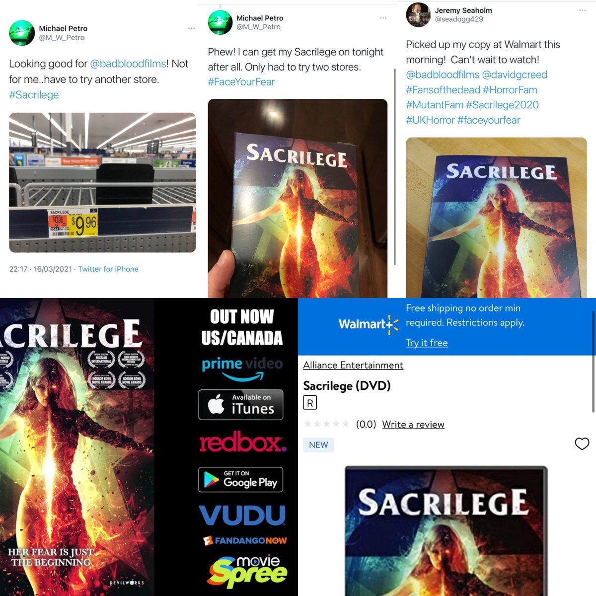 Wow, what a response for the first day release of Sacrilege <a href="/badbloodfilms/">Bad Blood Films</a> thankyou <a href="/M_W_Petro/">Mike Petro</a> <a href="/seadogg429/">Jeremy Seaholm</a> for hunting out copies, tag us if you have your copy &amp; PLEASE RT <a href="/Walmart/">Walmart</a> that would be just awesome. Save Money. Live Better #savemoney #livebetter #horror #alwayslowprices