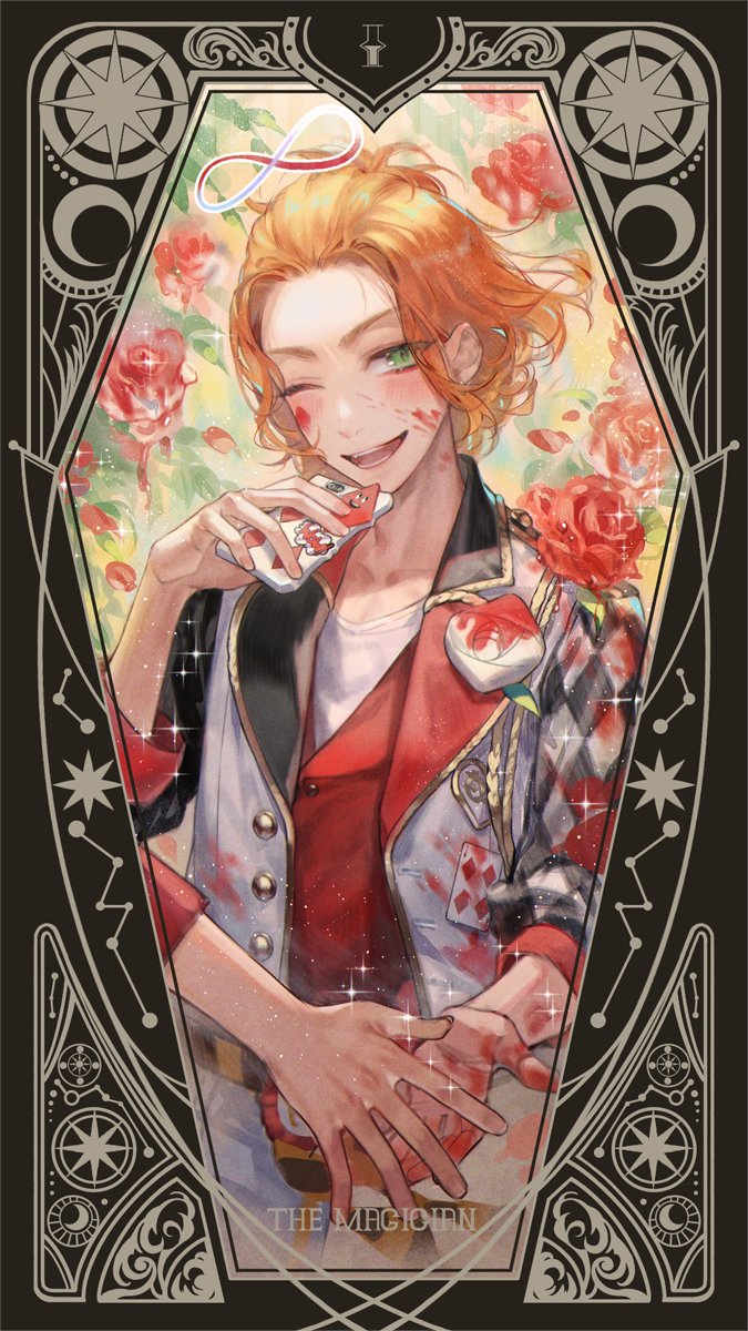 1boy male focus green eyes flower one eye closed tarot rose  illustration images