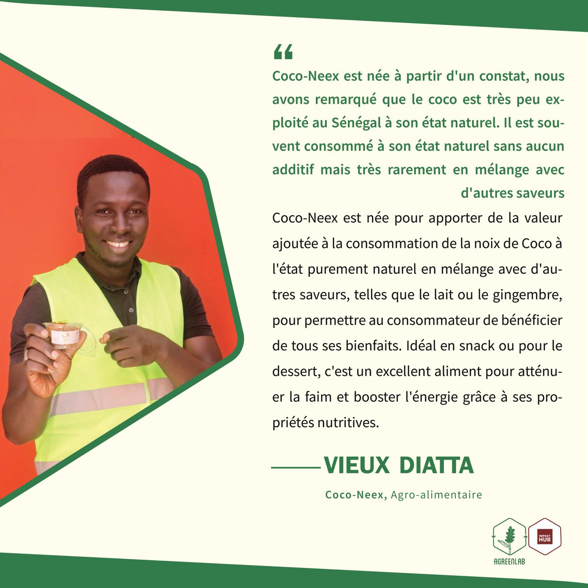 impacthubdakar's tweet photo. #AgreenLabIncubees
And finally, meet Vieux Diatta, Fondateur et CEO de COCO-NEEX, Agro-alimentaire, incubé du programme #AgreenLab.
Sa startup est née d'un constat qu'il a souligné avec ce quote sur l'image.
#kebetu #dakar #Senegal https://t.co/FU4nEPogAd