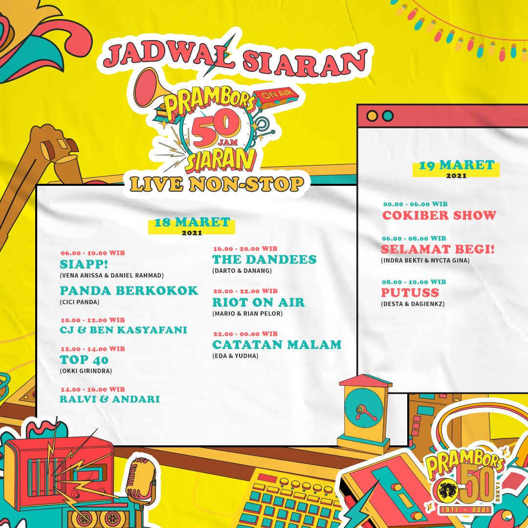 Prambors's tweet photo. Nih buat kamu yang nanyain jadwal siaran, disave ya! Biar kamu bisa nonton live siaran dari Wadyabala Favorit kamu di https://t.co/JVliblbvHx!

Dari 18 Maret jam 6 pagi sampai 20 Maret jam 8 pagi, Prambors siap nemenin kamu 50 jam NON-STOP! Sampai ketemu di udara!

#Prambors50th https://t.co/enCUE60BSm