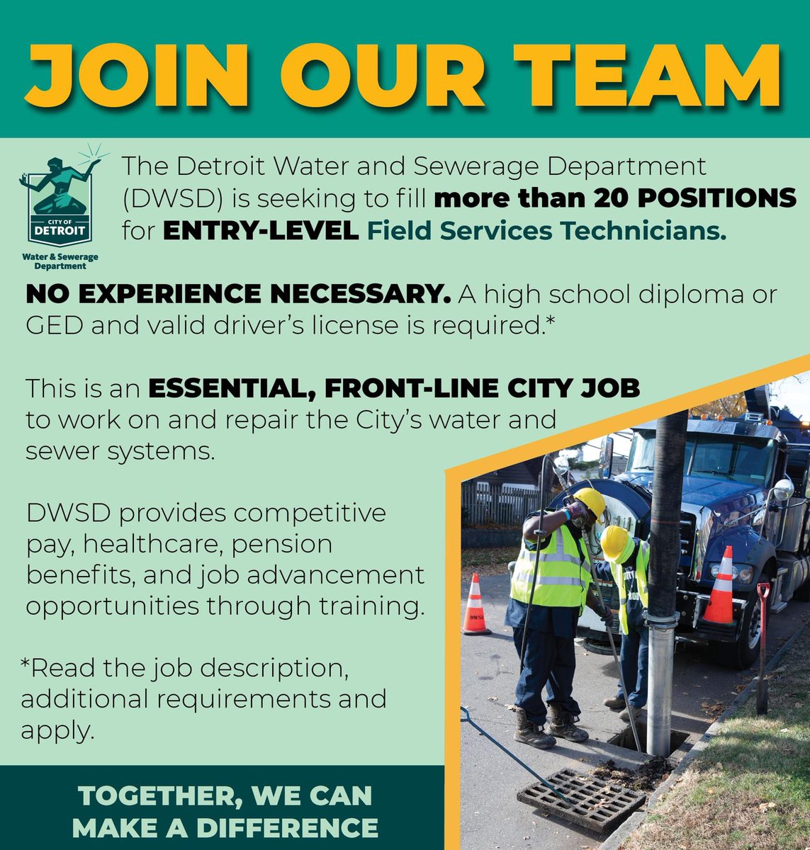 Gary A. Brown (@garybrowndet) on Twitter photo Our Field Service Technicians are one of the most impactful, frontline work that we have <a href="/DetroitWaterDep/">Detroit Water DWSD</a>. They help maintain our water and sewer systems. We are looking to fill more than 20 entry-level positions. Apply at detroitmi.gov/jobs. Our Field Service Technicians are one of the most impactful, frontline work that we have <a href="/DetroitWaterDep/">Detroit Water DWSD</a>. They help maintain our water and sewer systems. We are looking to fill more than 20 entry-level positions. Apply at detroitmi.gov/jobs.