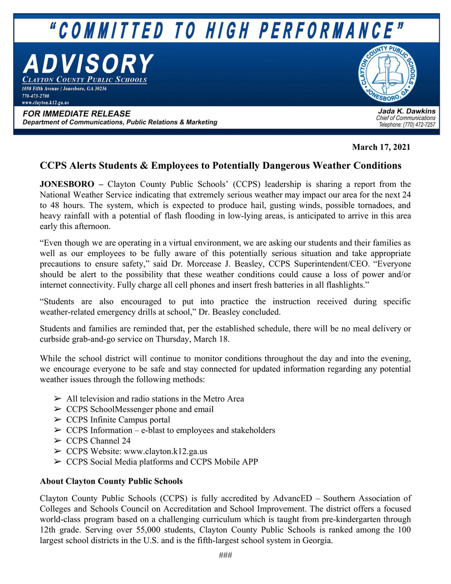 CCPSNews's tweet photo. Clayton County Public Schools leadership is sharing a report from the National Weather Service indicating that extremely serious weather may impact our area for the next 24 to 48 hours. Please read the attached notice and remain safe! https://t.co/QjVD09IpIG