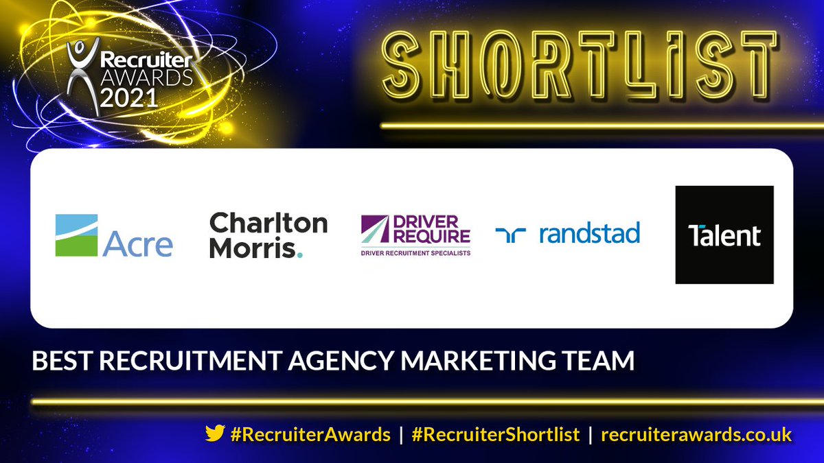 Up next, we are announcing the #RecruiterShortlist for Best Recruitment Agency Marketing Team, congratulations to: @acre @_charltonmorris @DriverRequire @randstadjobs @TalentEurope #RecruiterAwards