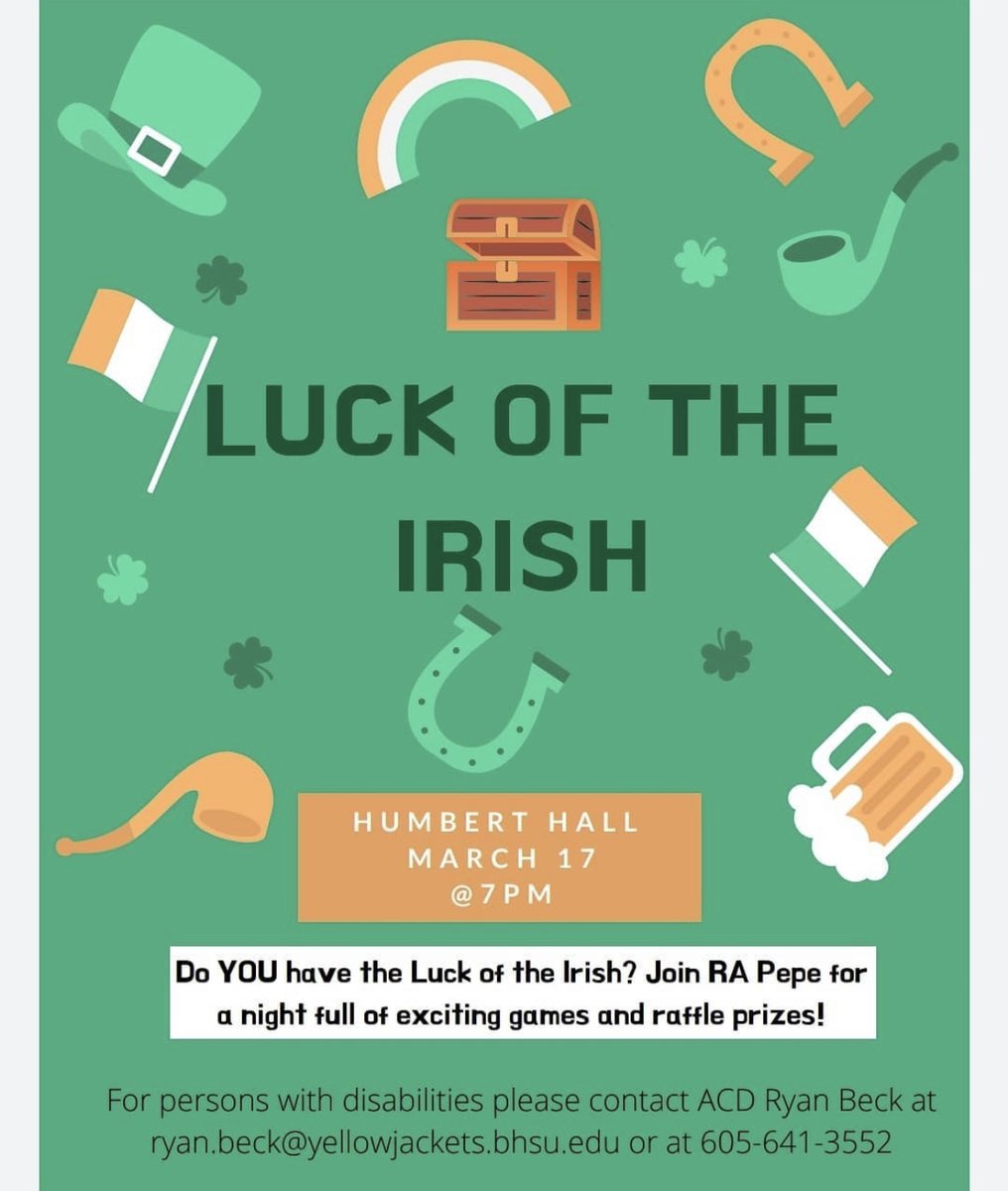 HAPPY ST. PATRICK'S DAY!!

Swipe through the pics to check out all of the events that are happening today!

🍀 11-1: Midday Music ft. Lacy Nelson in the Hive
🍀 6pm: Healthy Habits for Healthy Minds in Jonas 110
🍀 6pm: Bingo in Club Buzz
🍀 7pm: Luck of the Irish in Humbert Hall